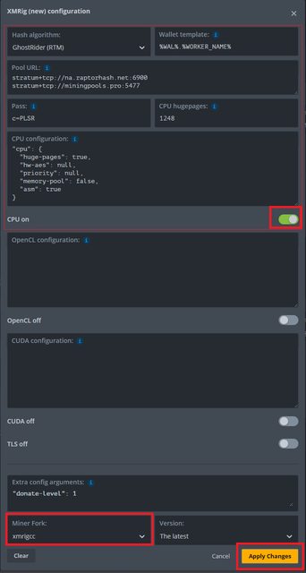 Configure XMRigCC to use the Ghostrider algorithm to obtain PLSR on HiveOS 02