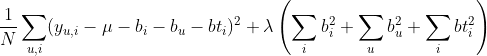 \frac{1}{N}\sum_{u,i}(y_{u,i}-\mu-b_i-b_u-bt_i)^2+\lambda \left(\sum_i b_i^2+\sum_u b_u^2+\sum_ibt^2_i\right)