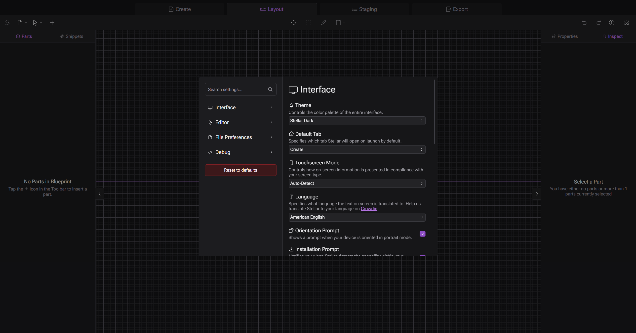 Stellar beta six layout tab featuring the new settings screen