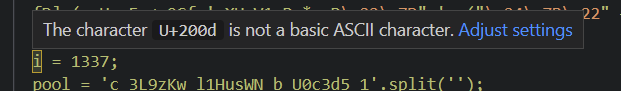 VS Code highlights the i in i = 1337 as a non-ASCII character.