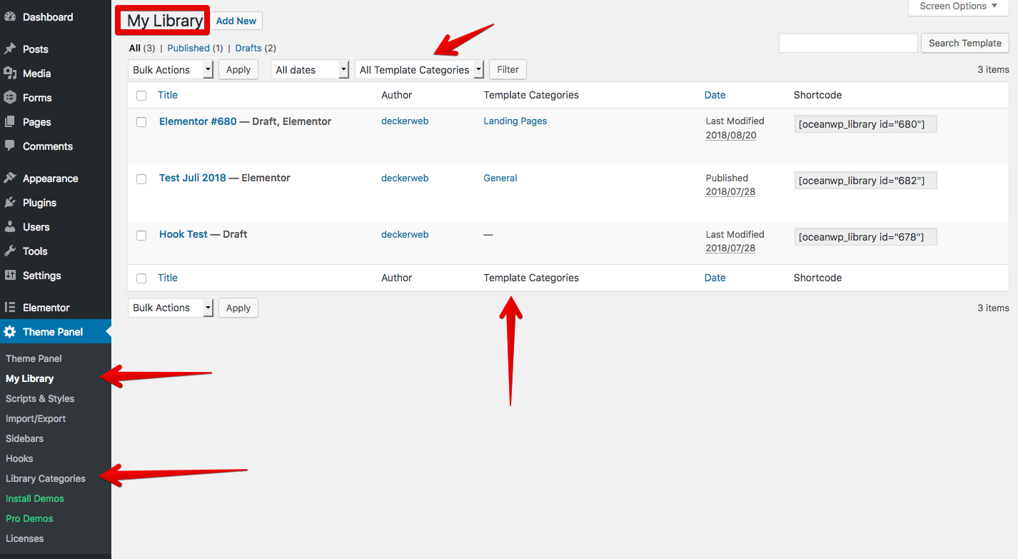 Template categories for "OceanWP My Library" - Ocean Extra plugin