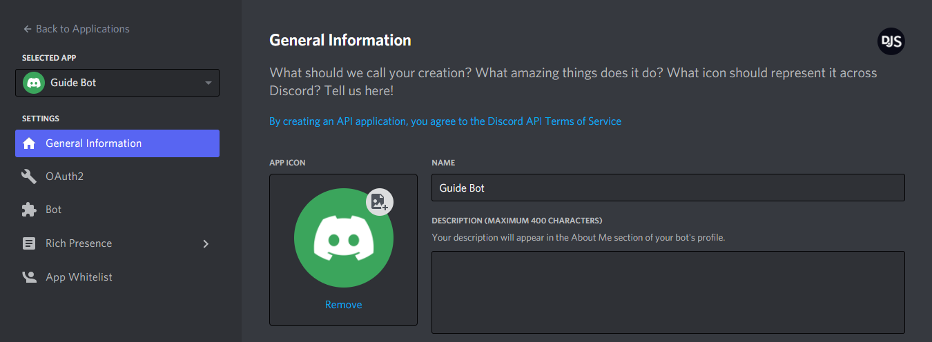 https://discordjs.guide/preparations/setting-up-a-bot-application.html#creating-your-bot