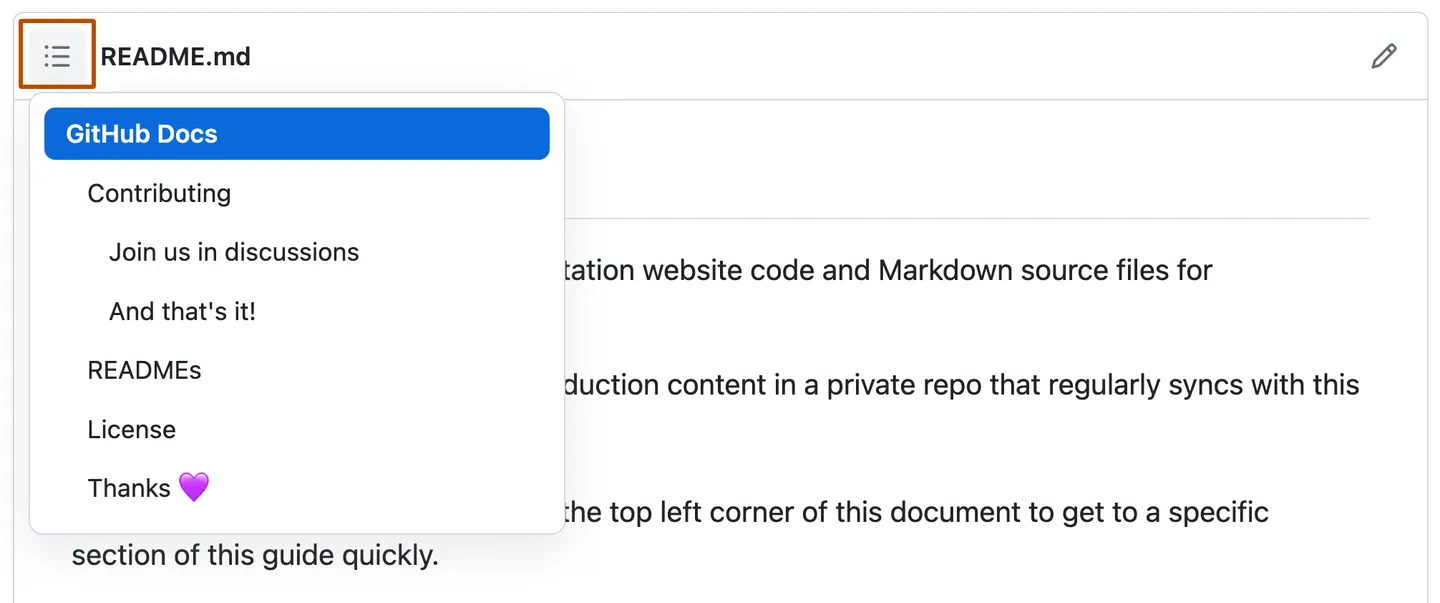 GitHub automatically generates a clickable table of contents based on multiple headings within a file, allowing users to easily navigate to different sections.