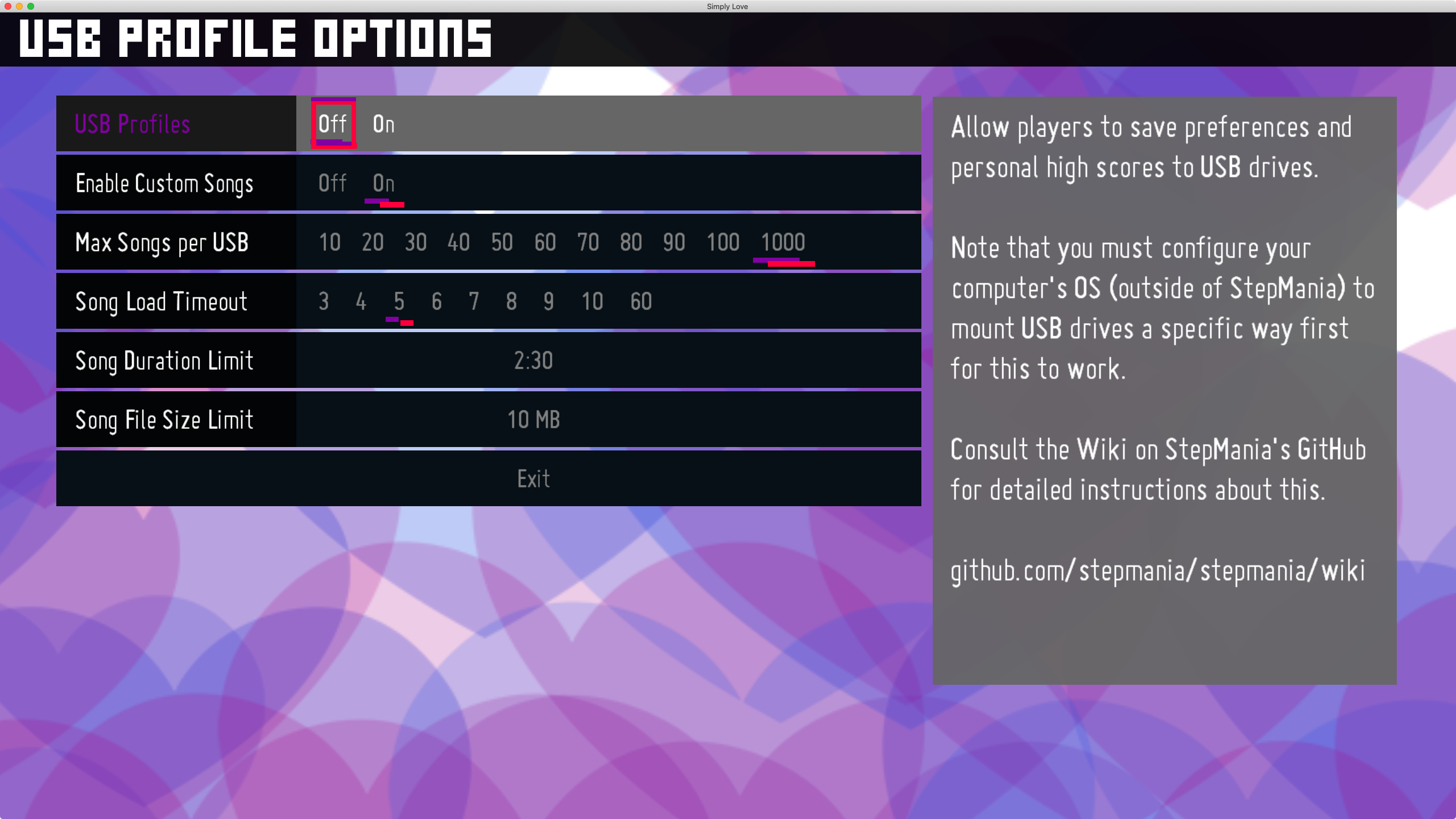 USB Profile Options menu