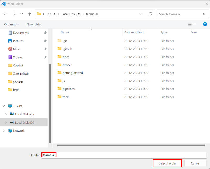 :::image type="content" source="../../../assets/images/bots/ai-library-dot-net-select-folder.png" alt-text="Screenshot shows the teams-ai folder and the Select Folder option.":::