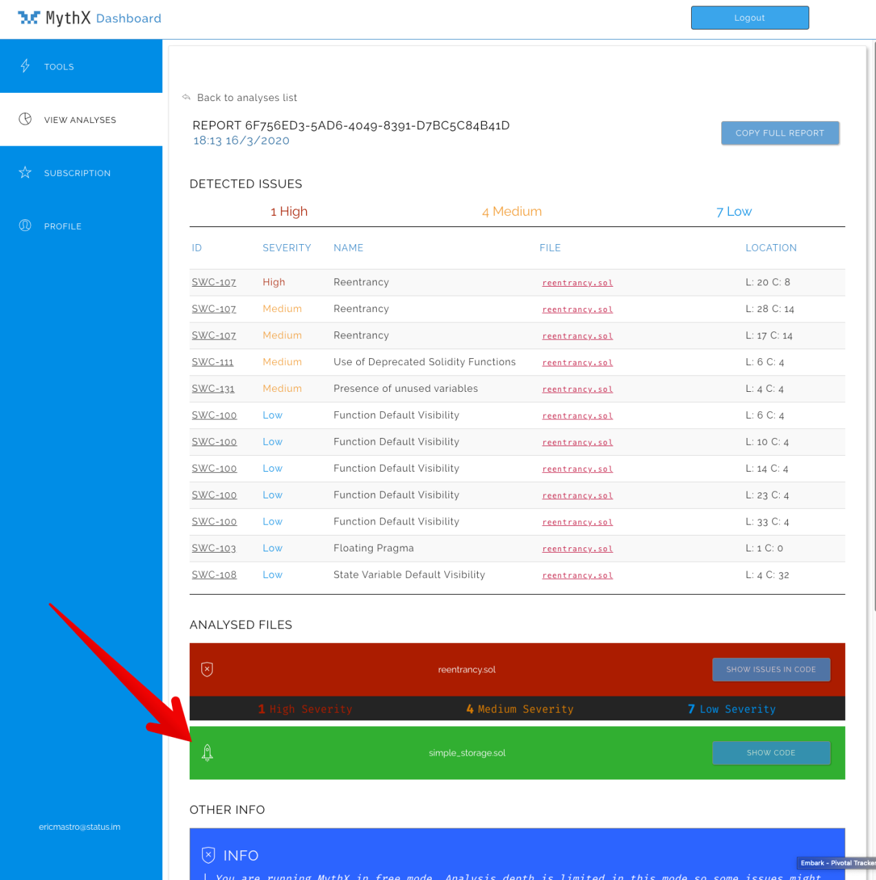 MythX Portal output for reentrancy.sol