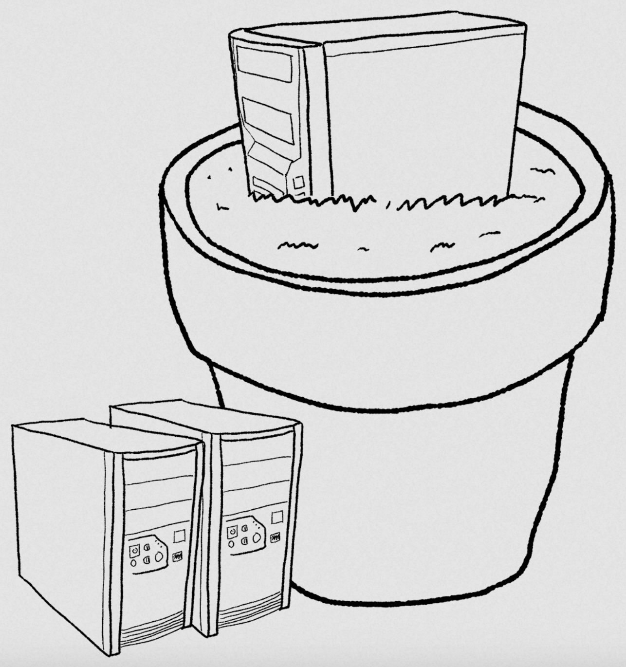 illustration borrowed from matt miller's post of three servers including one buried halfway into a plant pot.