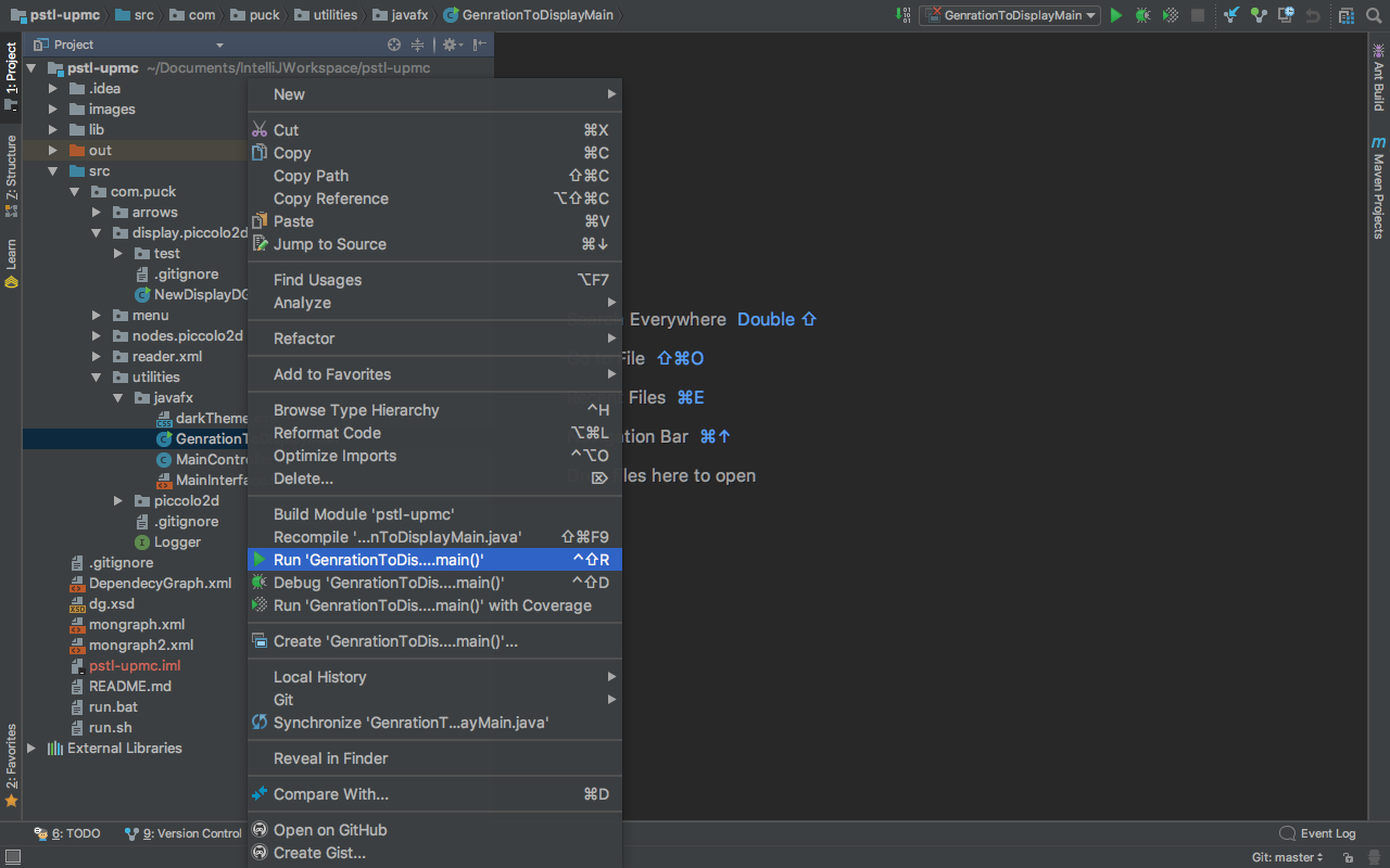 Trouvez le fichier GenrationToDisplayMain qui se trouve dans le dossier javafx qui se trouve dans le dossier utilities qui se trouve dans le dossier com.puck qui se trouve dans le dossier src qui se trouve dans le dossier principal du projet. Faites un clique droit sur ce fichier et dans le menu déroulant cliquez sur Run 'GenrationToDis....main()'