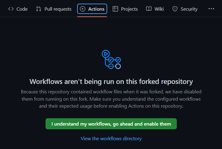 Actions tab with "I understand my workflows" button