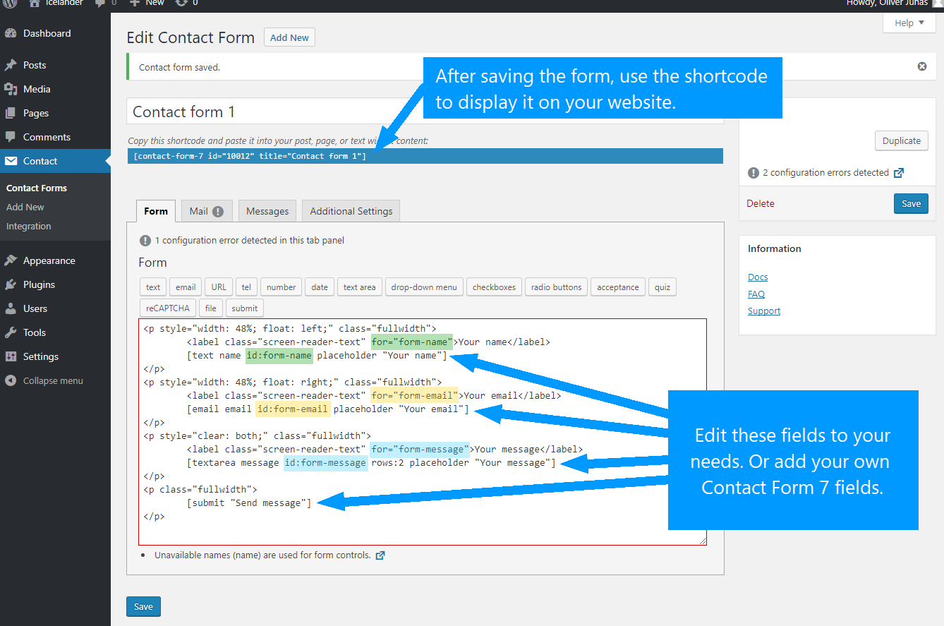 WebMan design demo website dummy form into Contact Form 7