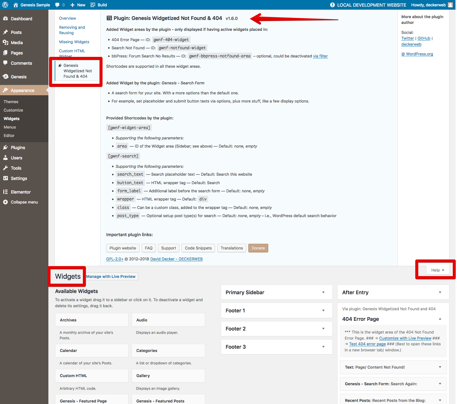 The plugin's help tab on the Widgets admin page with additional info