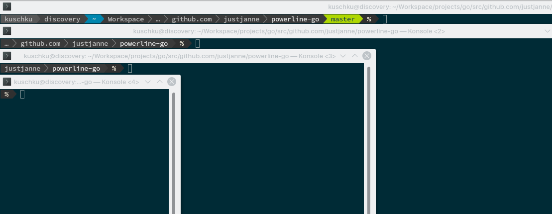 Screenshot showing terminals with different width, and the prompt automatically downsizing