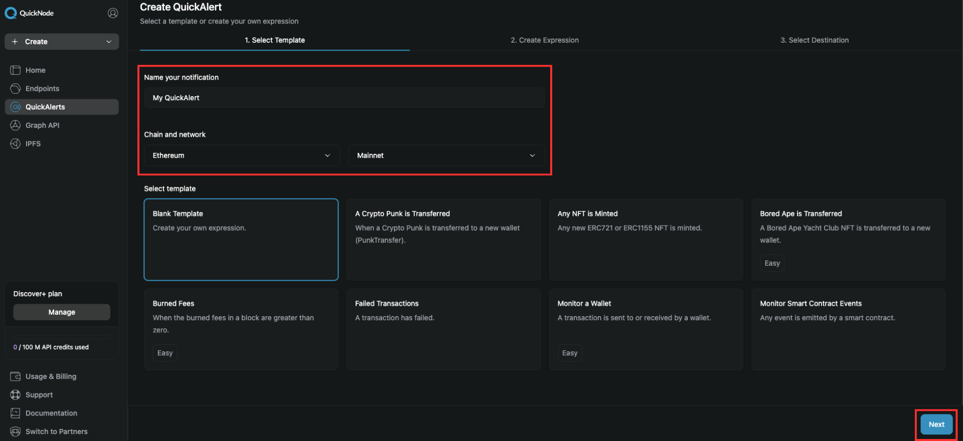 Configuring the QuickAlert notification name, chain, network, and template