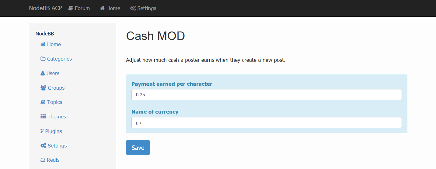 NodeBB Cash MOD - Admin Page