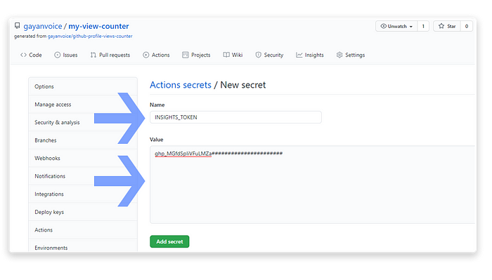 GitHub Profile Views Counter - add repository secret by using repository secrets
