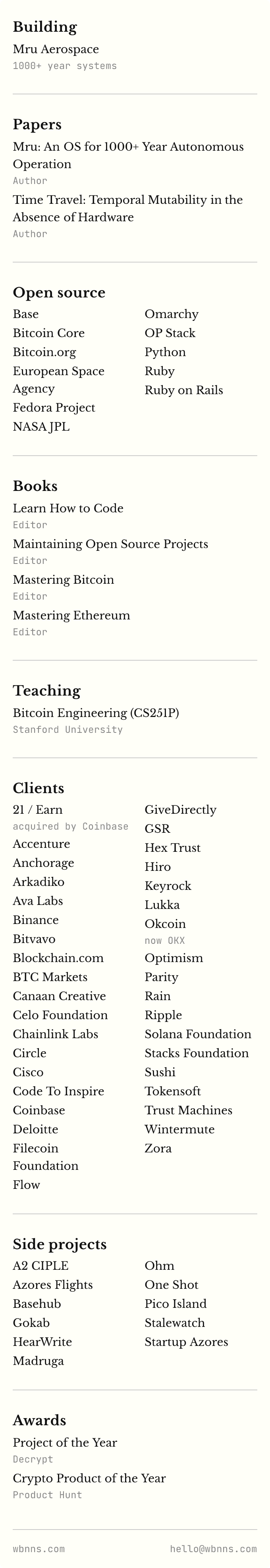 Building Mru Aerospace. Papers, open source, books, teaching, clients, side projects, and awards. The full list with links is at wbnns.com.