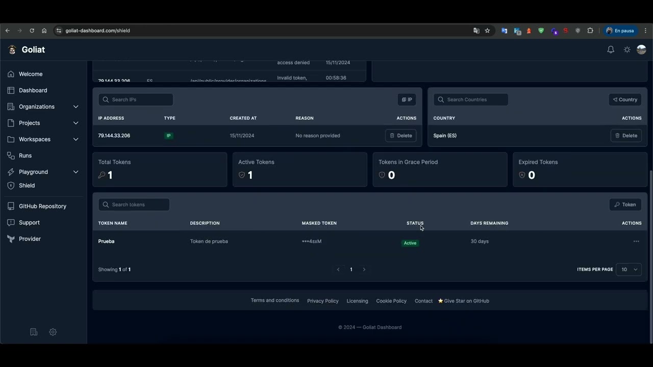 Goliat Dashboard - Demostración de su modulo Shield