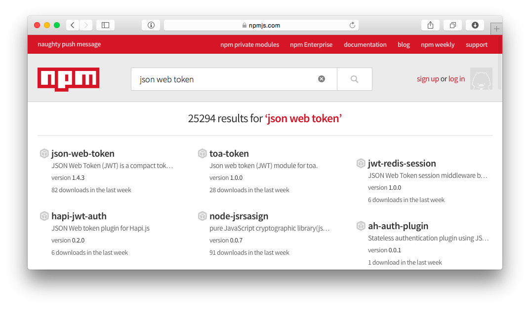 npm search for json web token