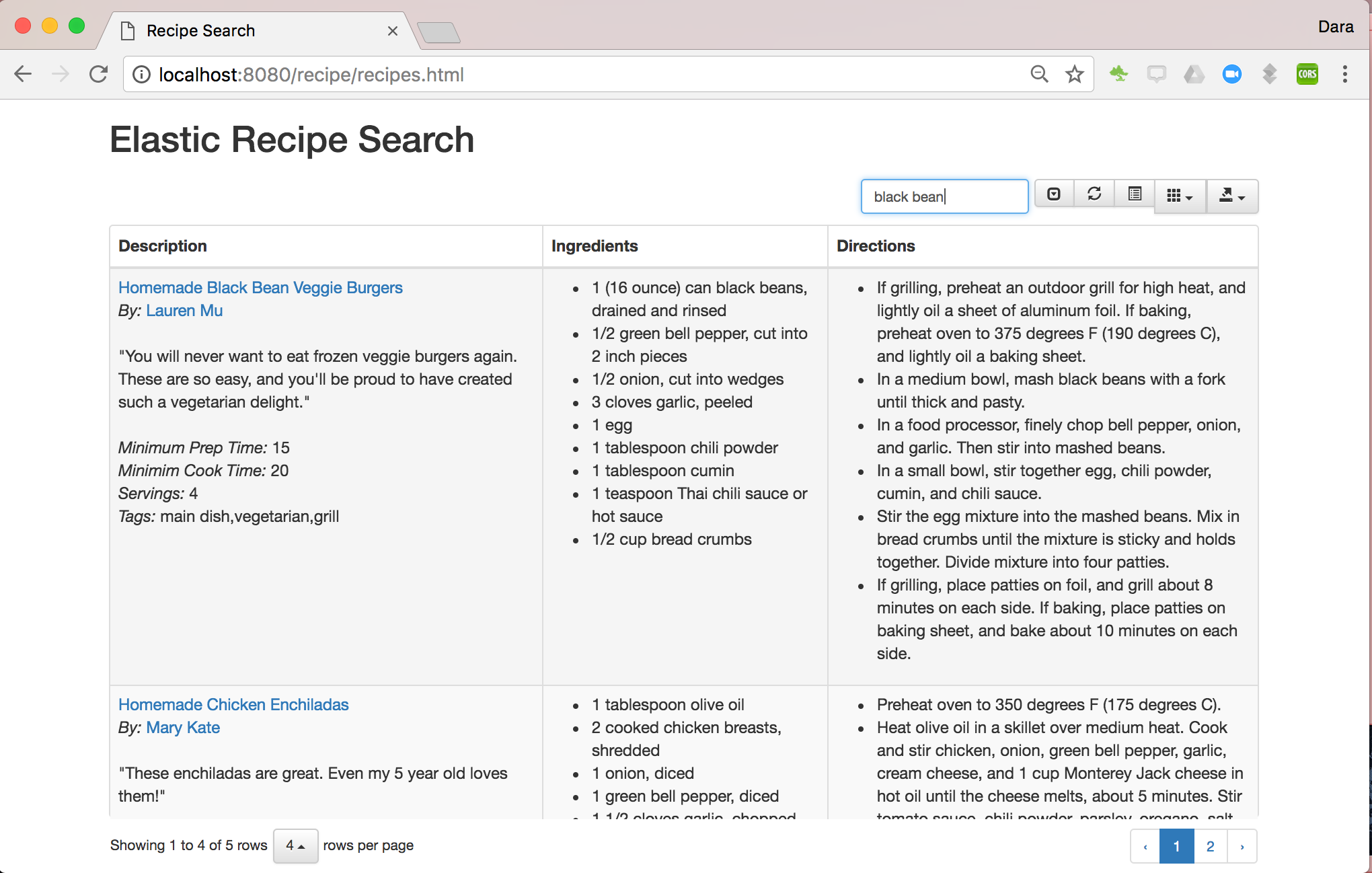 Screenshot of search page