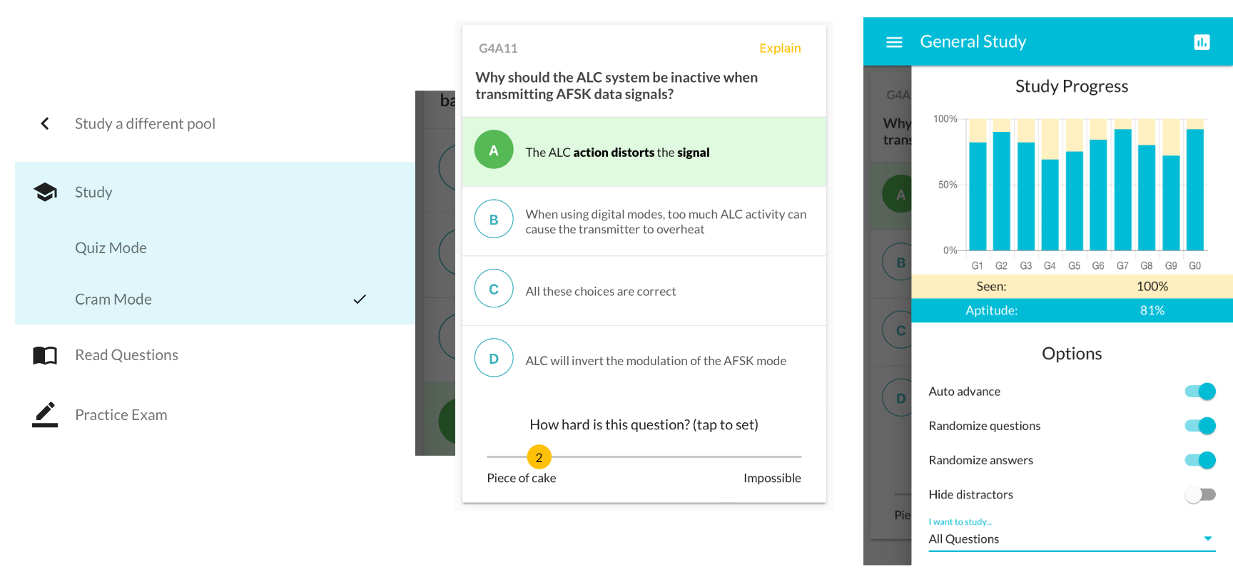 Screenshot showing the Study / Quiz mode / Cram mode / Practical exam menu, an example question with the answer highlighted an the right hand panel with the chart showing how much of the material you have studied and the interface for filtering the questions.