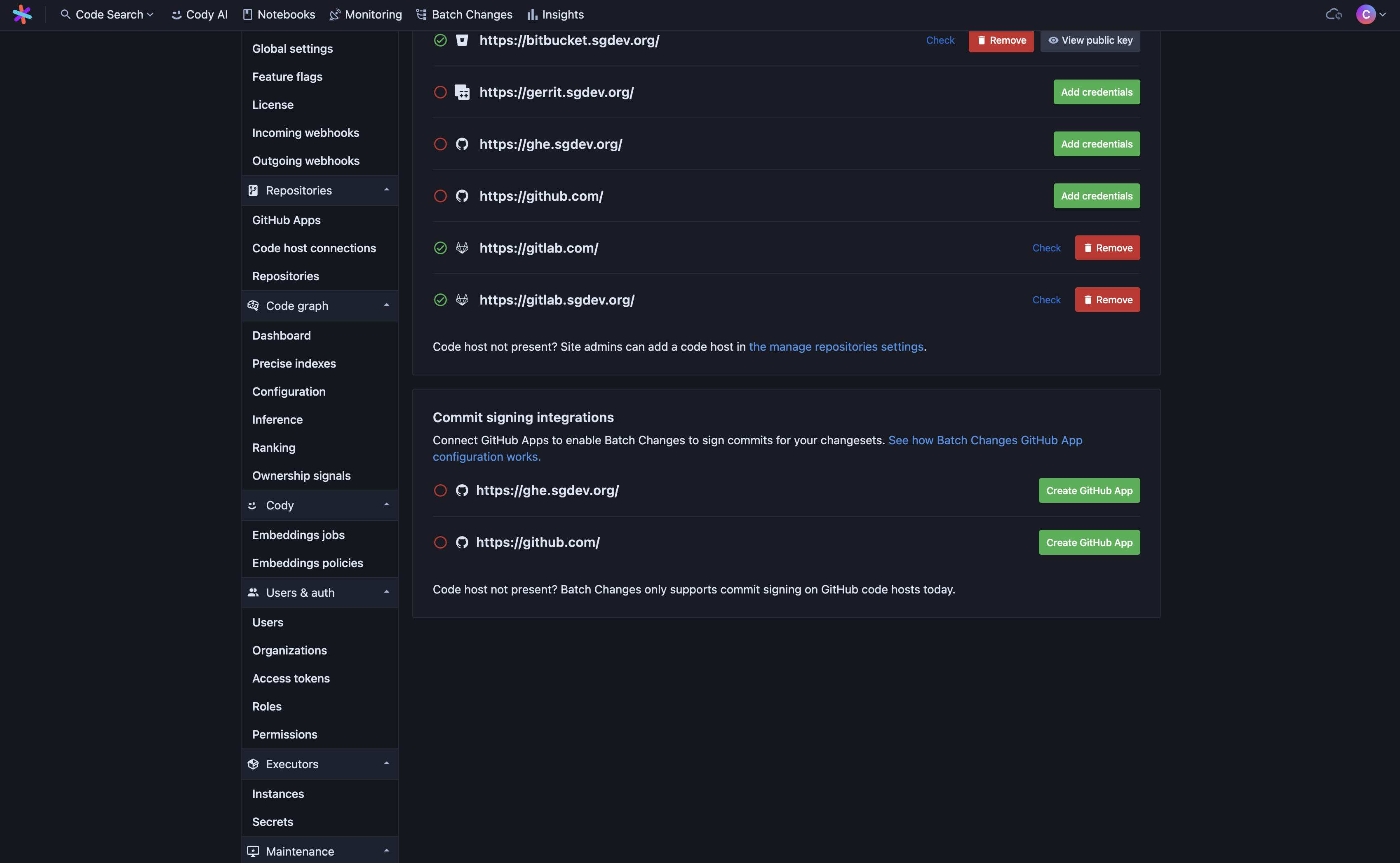 The Batch Changes settings page on Sourcegraph, scrolled to show commit signing integrations