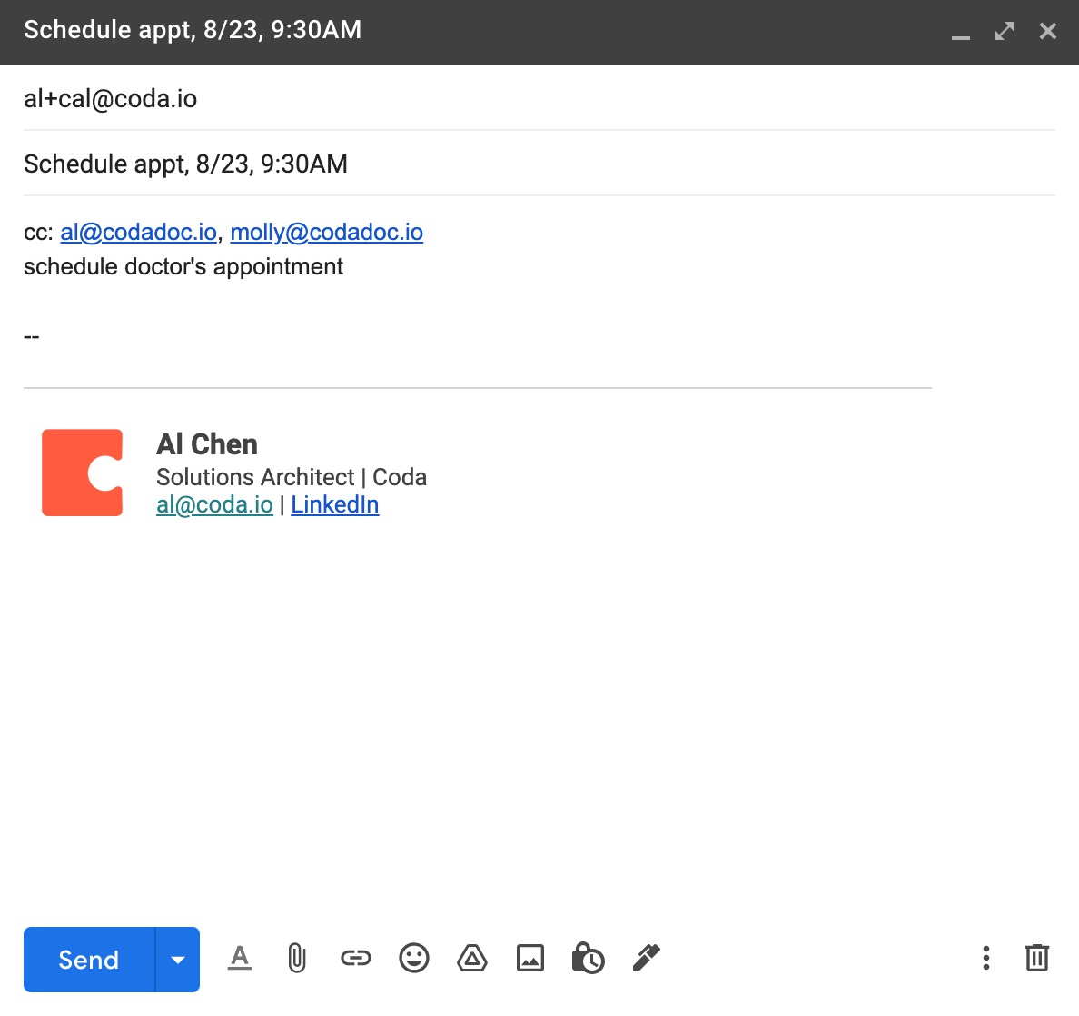 send yourself an email with google calendar details