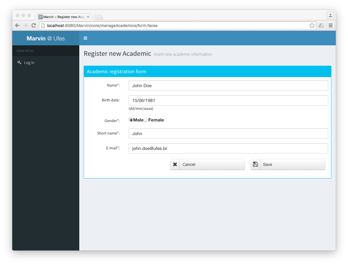 Form to view, add and edit semesters, as a result of step 3 of the tutorial.