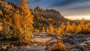 Golden larches and Prusik Peak, the Enchantments, Washington (© Jim Patterson/Tandem Stills + Motion)