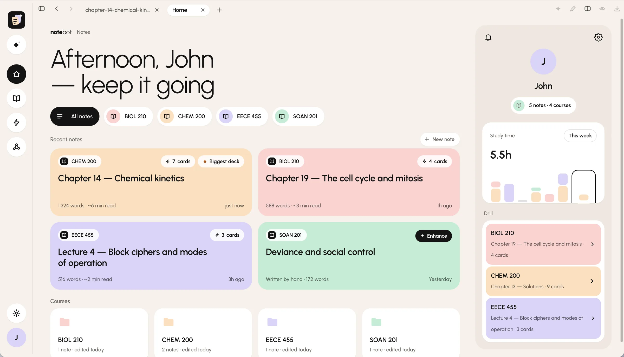 Notebot's home screen: recent notes as pastel cards, courses, and the week's study time