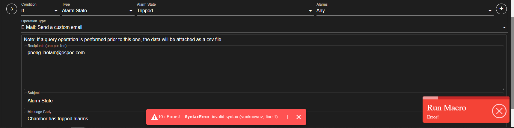 A macro script failed, errors found in the script