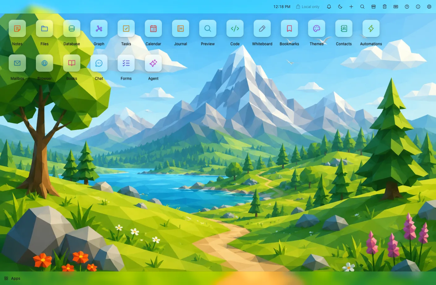 The Brainstorm desktop — wallpaper, app icons, widgets, and open app windows