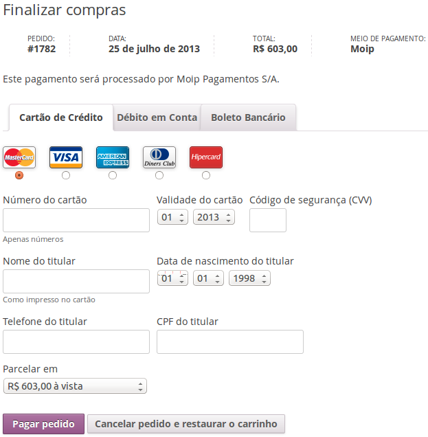 Transparente Checkout Page.