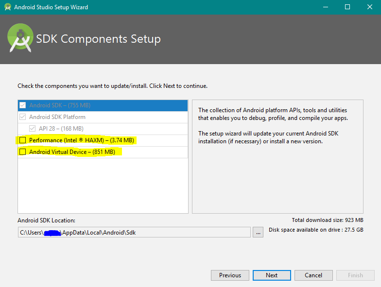 Untick Android Virtual Device and Performance