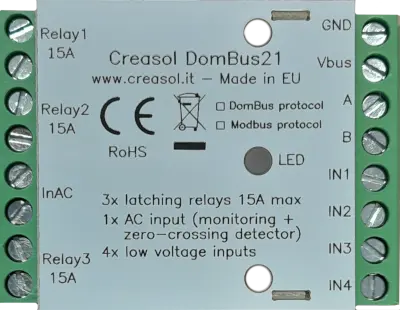 DomBus21 domotic module with 3 latching relays, 1 AC input and 4 low voltage inputs