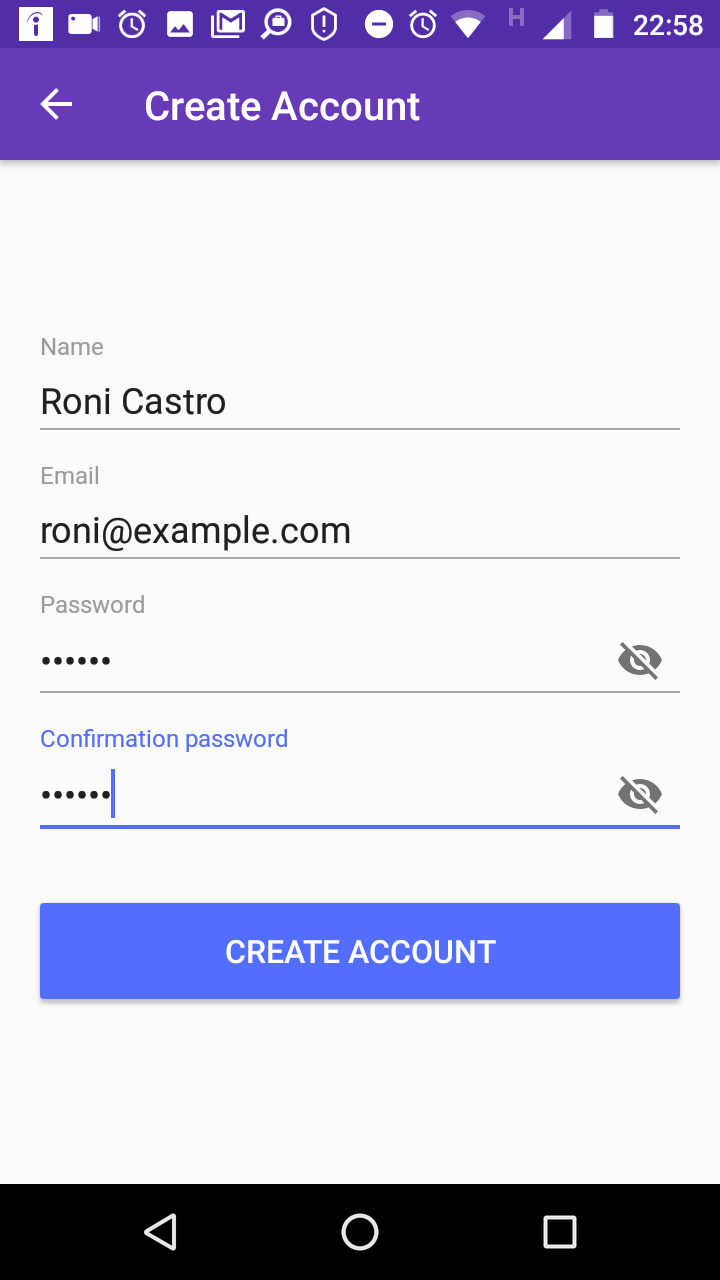 Create account screen