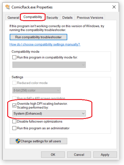 Picture of selecting the Override DPI Scaling setting