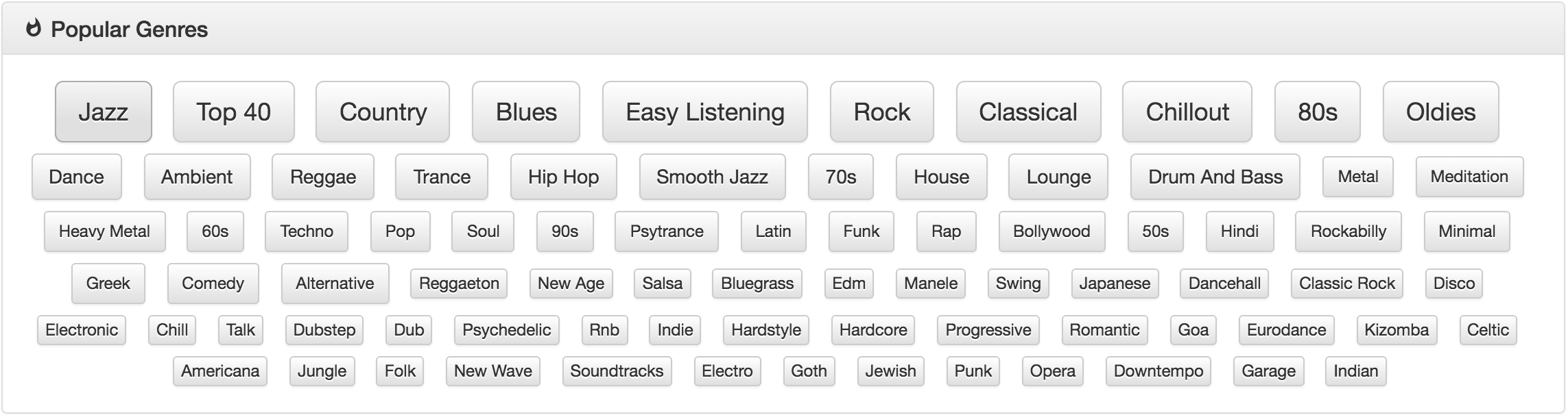 screenshot of popular genres box from InternetRadio website