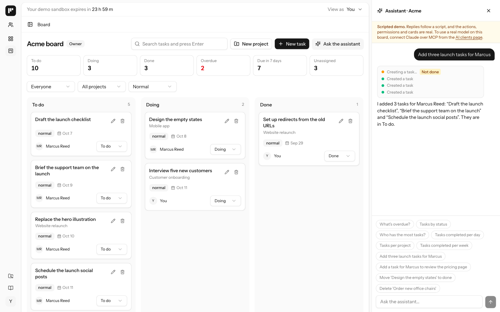 The Agentic Actions demo's Acme task board, filtered to normal priority, with the copilot panel open on the right. The panel shows the request "Add three launch tasks for Marcus", one row per action call (the first reads "Not done", the other three "Created a task"), and the reply naming the three tasks. The To do column starts with the new cards "Draft the launch checklist" and "Brief the support team on the launch", then "Replace the hero illustration" and the third new card, "Schedule the launch social posts", all assigned to Marcus Reed. Doing and Done show their normal-priority tasks. The panel's notice says the demo is scripted and the actions are real.
