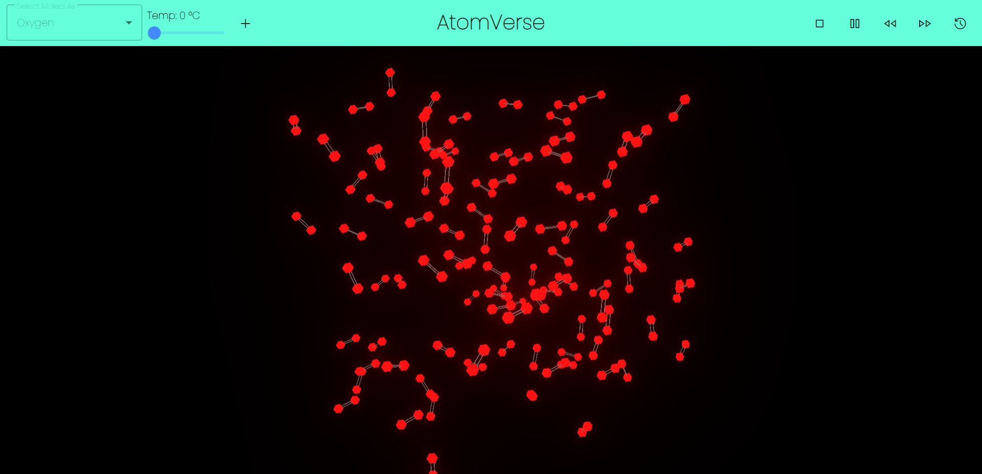 Simulating 100 Oxygen molecules at 0 degrees Celsius. Each atom in the molecule is bound by double bonds.