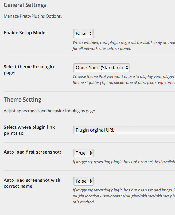 Screengrab of the settings page