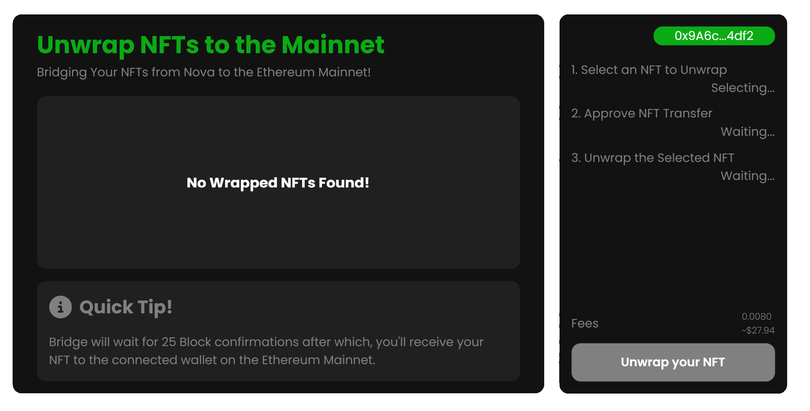 Unwrap widget to bridge NFTs to the mainnet.