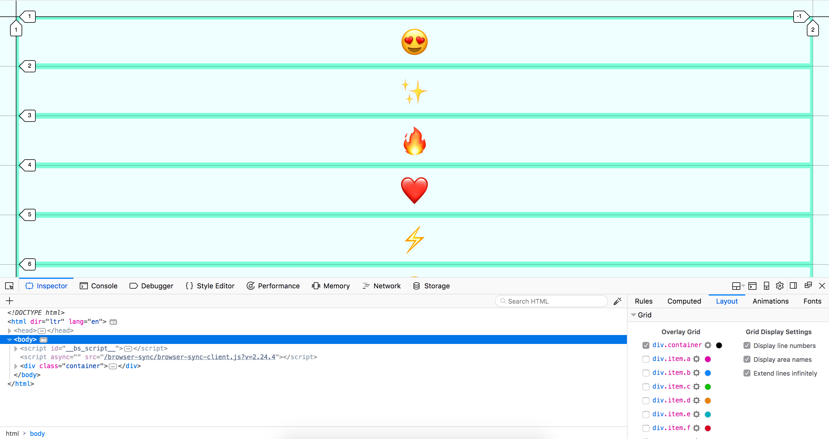 container and items with firefox grid inspector tools