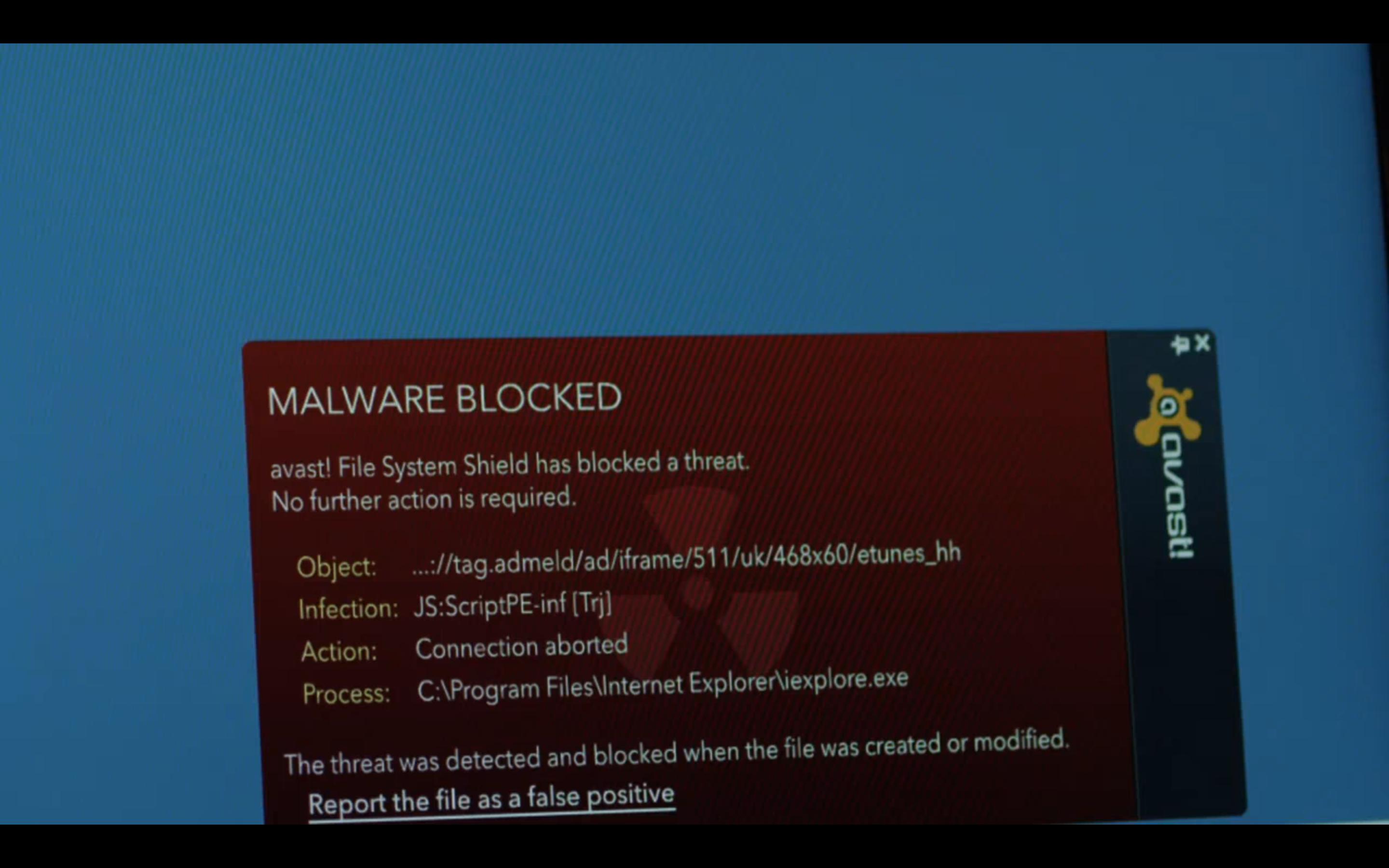 The Avast! Anti-Virus suite detected and blocked the malware and shows a pop-up warning, :robot: screenshot 📷