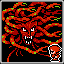 A large red medusa head with a small warrior