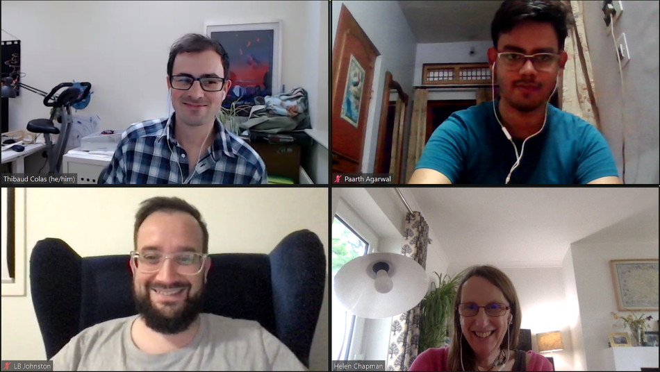 GSoC UX Unification - Zoom call screenshot. Thibaud in the top left, Paarth in the top right, LB in the bottom left, Helen in the bottom right. All smiles