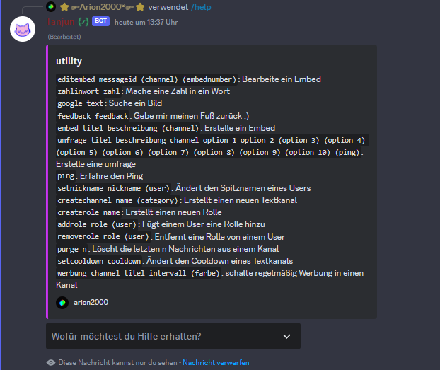 Screenshot der Nachricht, die angezeigt wird, wenn man beim Hilfe-Command eine Kategorie auswählt (in diesem Beispiel wurde die Kategorie "utility" verwendet).