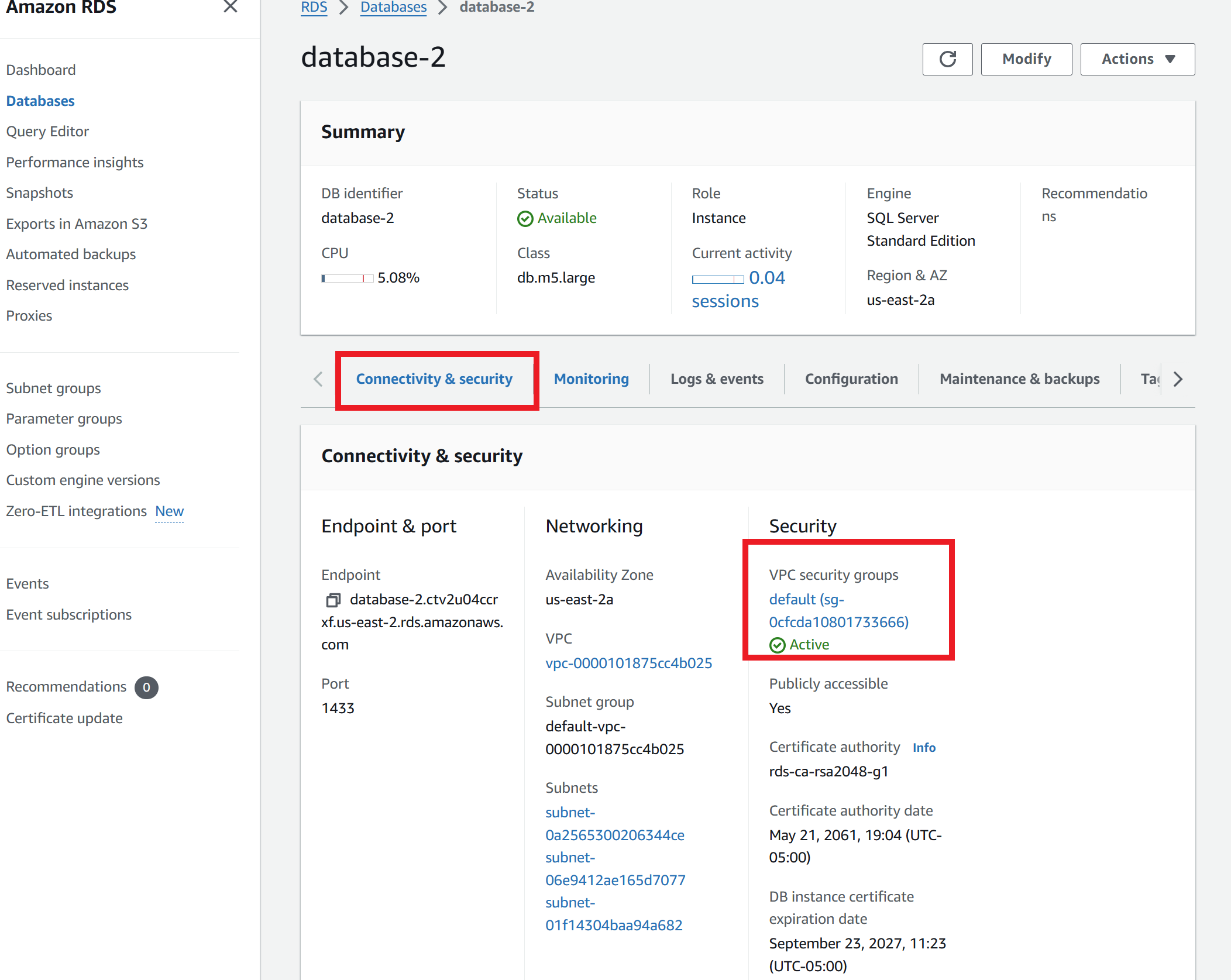 in 'Connectivity & security, clicking VPC security groups.