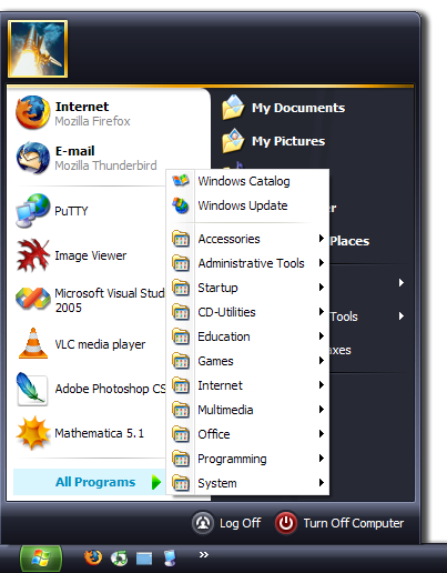 Screenshot of the start menu