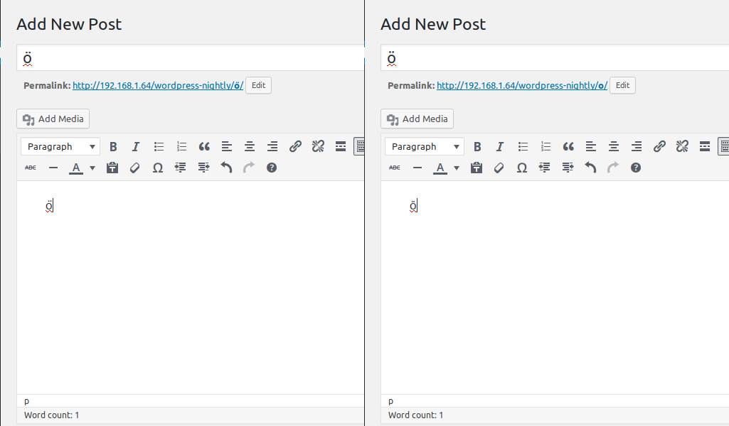 Before and after: pasting non-normalized text into a post's title and content.
