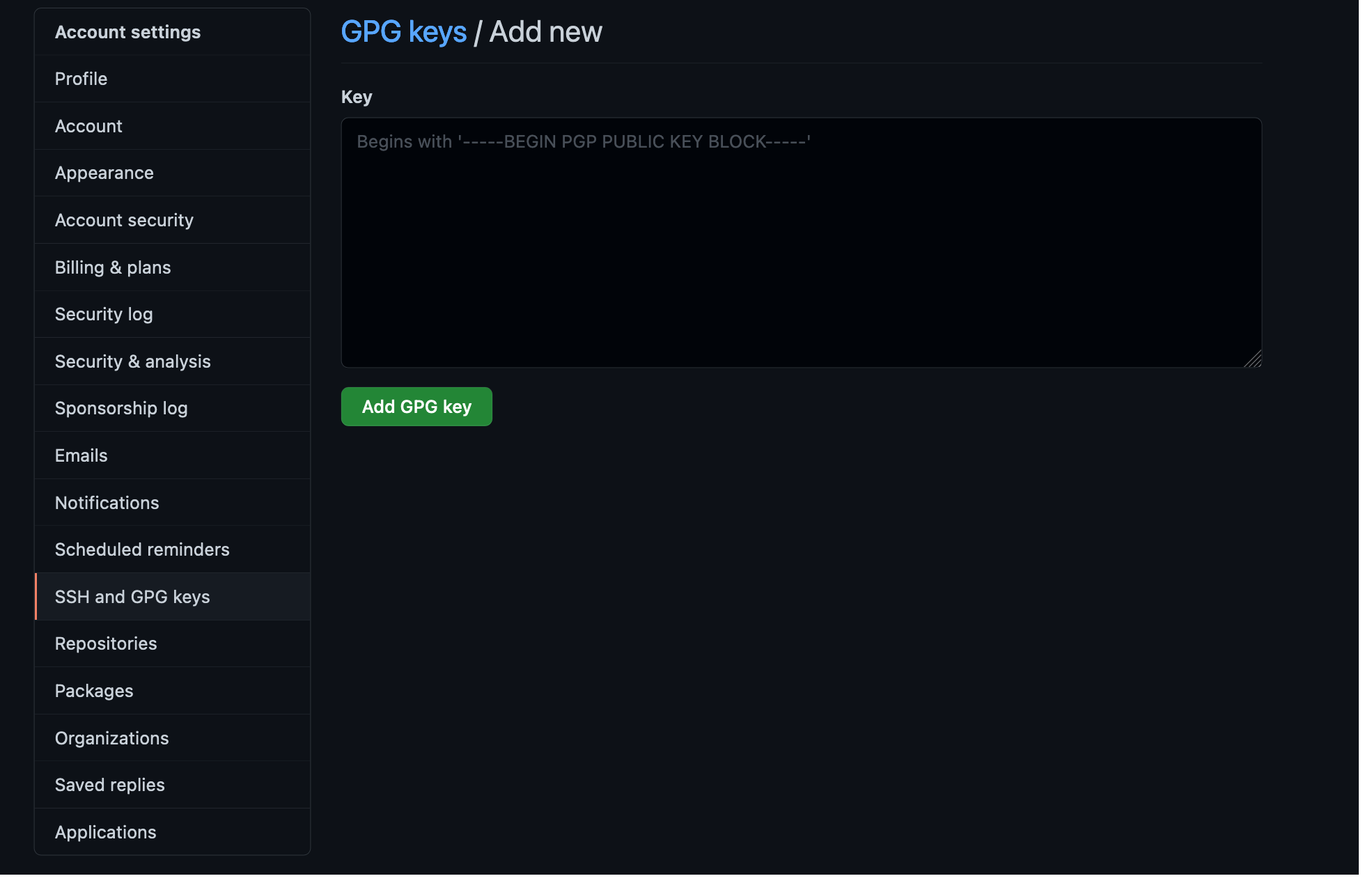 GitHub Add GPG Key page